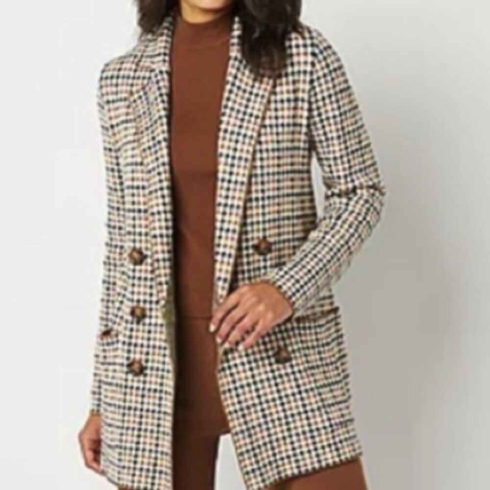 Women's Abbott Elementary Tweed Houndstooth Double Breasted Blazer Jacket, M NEW